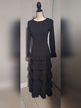 Dainty Jewells Classic Fitted Tznius Modest Black Long Sleeve Ruffled Maxi Dress